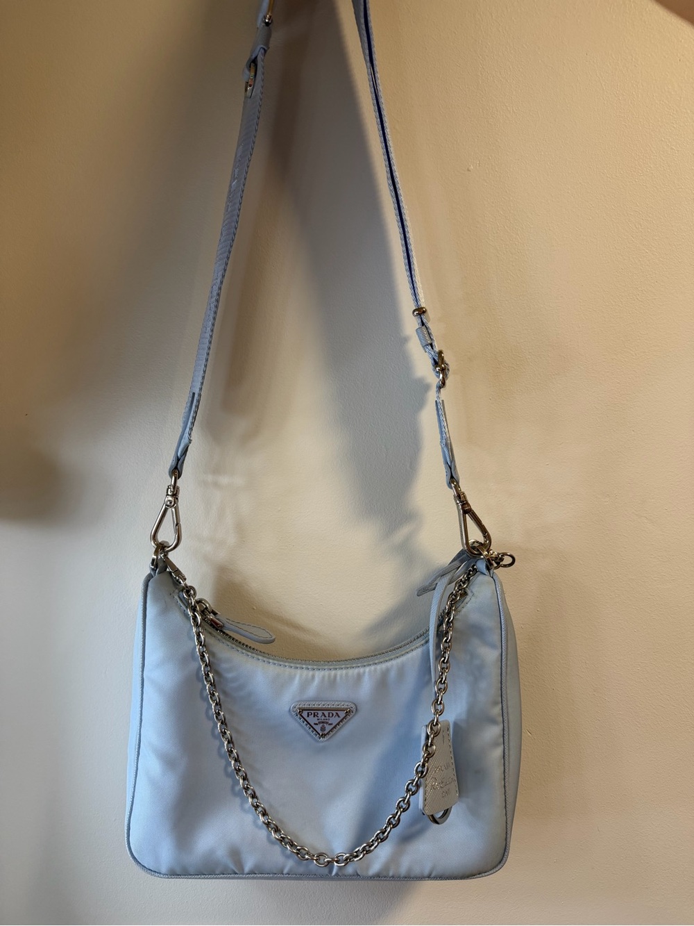 Prada Luxury Blue Nylon Shoulder Bag with Chain✨🌊